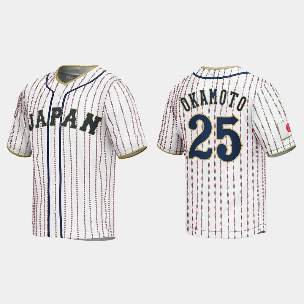 #25 KAZUMA OKAMOTO JAPAN BASEBALL 2023 WORLD BASEBALL CLASSIC JERSEY ¨C WHITE Stitches Baseball Jerseys