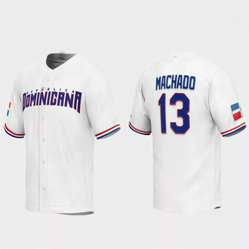 #13 Manny Machado Dominican Republic Baseball 2023 World Baseball Classic Replica Jersey ¨C White Stitches Baseball Jerseys