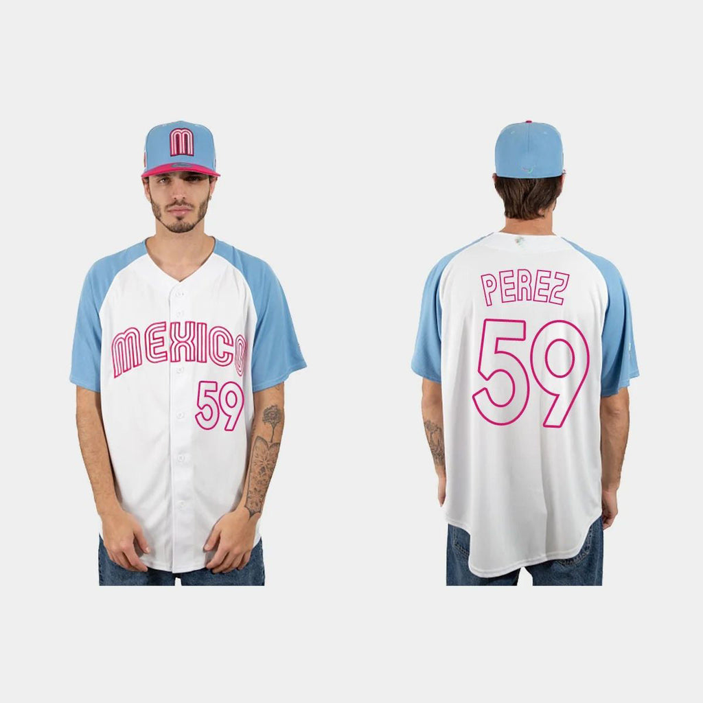 #59 OLIVER PEREZ MEXICO BASEBALL 2023 WORLD BASEBALL CLASSIC JERSEY ¨C WHITE BLUE Stitches Baseball Jerseys